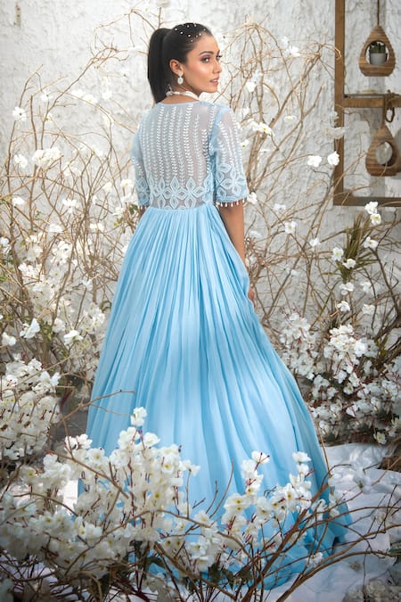 Shop Kanj By Priyanka A Sakhuja Blue Silk Tabby Sequin Andthread Work Plunge V Neck Ellr Pleated Embroidered Gown at Aza Fashions Shop_Kanj By Priyanka A Sakhuja_Blue Silk Tabby Sequin Andthread Work Plunge V Neck Ellr Pleated Embroidered Gown _at_Aza_Fashions