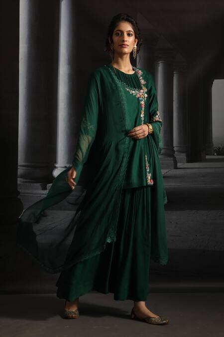 Buy Anju Modi Green Chiffon Chanderi Jacket And Anarkali Set