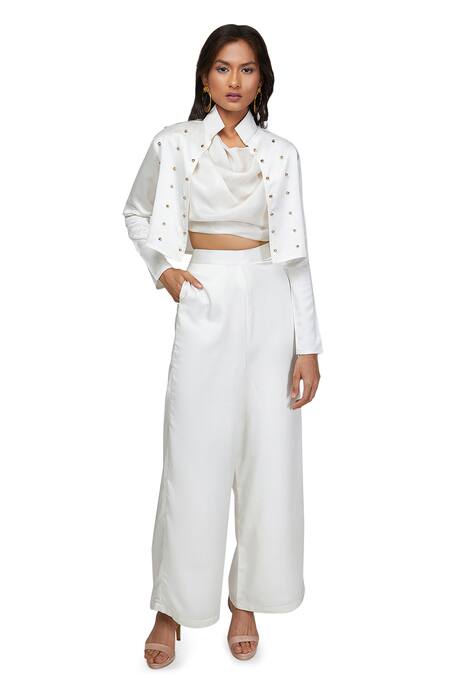 Buy_Emblaze_Gold Satin Band Co-ord Pant Set With Jacket_Online_at_Aza_Fashions