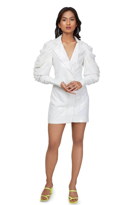 Emblaze_White Lapel Sequins Blazer Dress _Online_at_Aza_Fashions