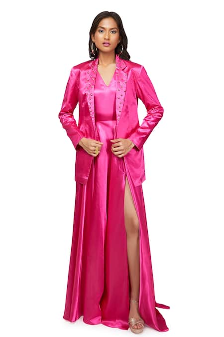 Buy Pink Satin Embroidery V Neck Gown With Blazer For Women by