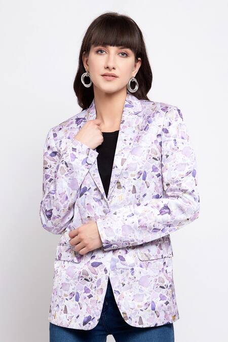 Emblaze_Purple Modal Satin Lapel Collar Printed Single Breasted Blazer_Online_at_Aza_Fashions