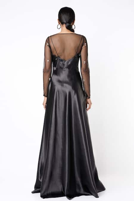 The Square Neck Satin Long Sleeve Maxi Dress - Long Sleeve Black Satin  Square Neck Dress - Black - Dresses | RIHOAS