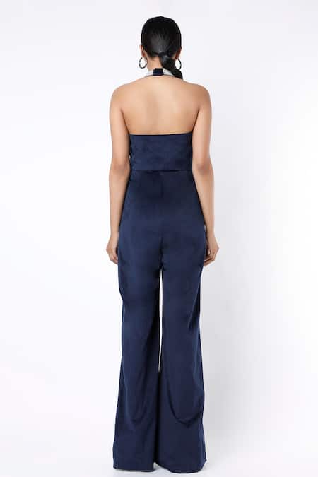 Shop_Emblaze_Blue Velvet Sequin, Bead Halter Embellished Jumpsuit _at_Aza_Fashions