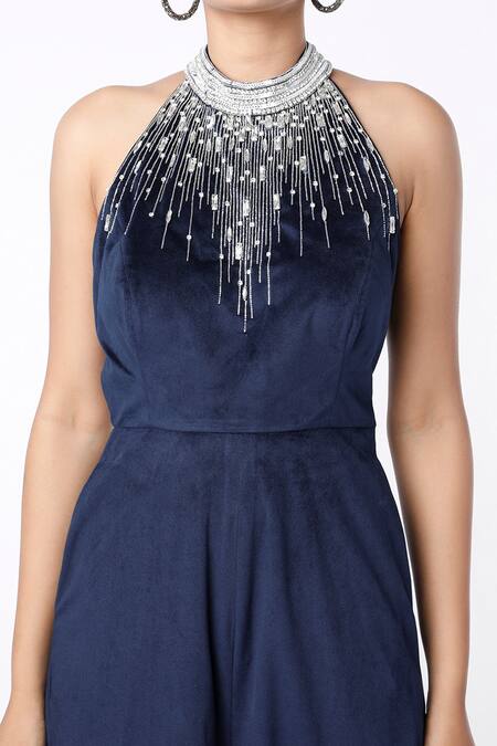 Emblaze_Blue Velvet Sequin, Bead Halter Embellished Jumpsuit _Online_at_Aza_Fashions