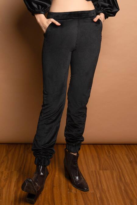 Emblaze_Black Velvet V Neck Hoodie And Joggers Set_at_Aza_Fashions