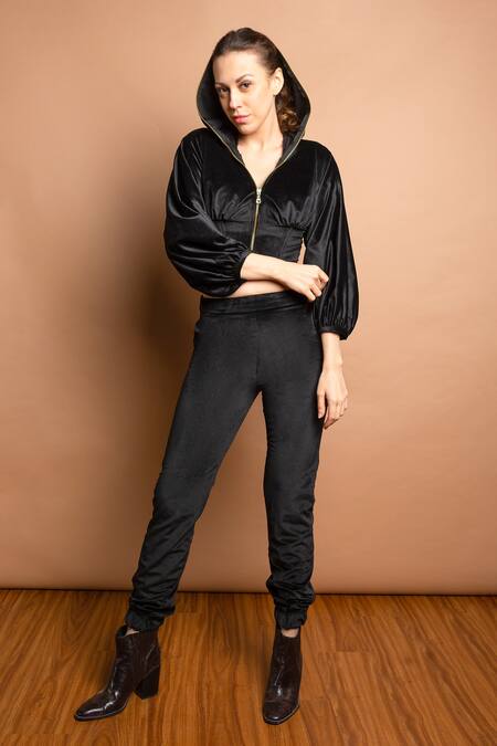 Emblaze_Black Velvet V Neck Hoodie And Joggers Set_Online_at_Aza_Fashions