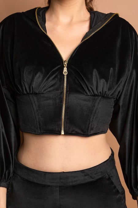 Shop_Emblaze_Black Velvet V Neck Hoodie And Joggers Set_Online_at_Aza_Fashions