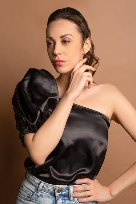 Black satin one shoulder sales top