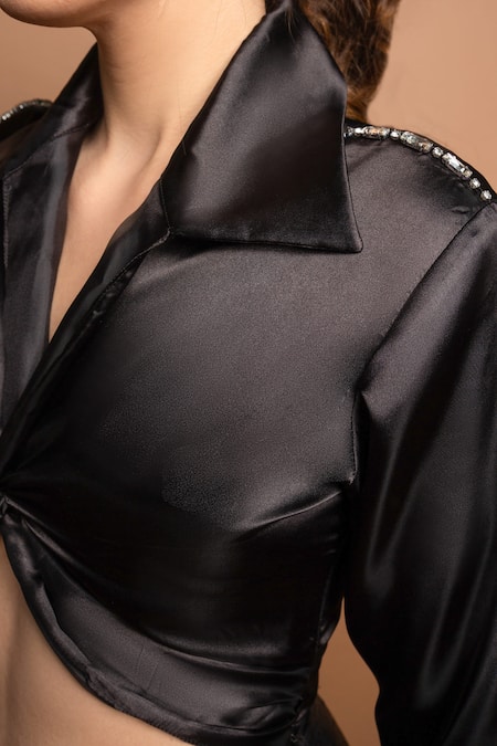 Emblaze_Black Satin Spread Collar Knotted Crop Top And Pant Set _at_Aza_Fashions