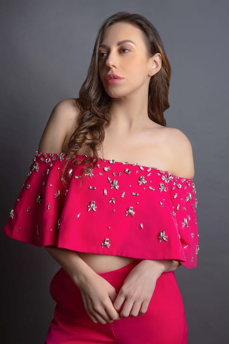 Buy_Emblaze_Pink Viscose Stone Straight Embellished Crop Top And Pant Set  _Online_at_Aza_Fashions