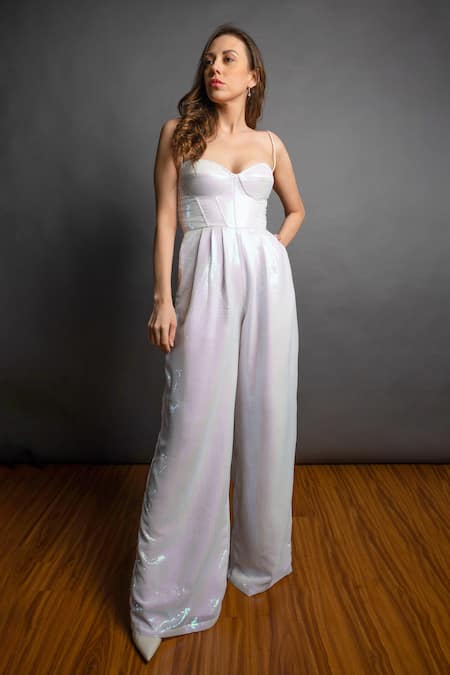 Emblaze_White Fabric Sweetheart Neck Embellished Jumpsuit _Online_at_Aza_Fashions