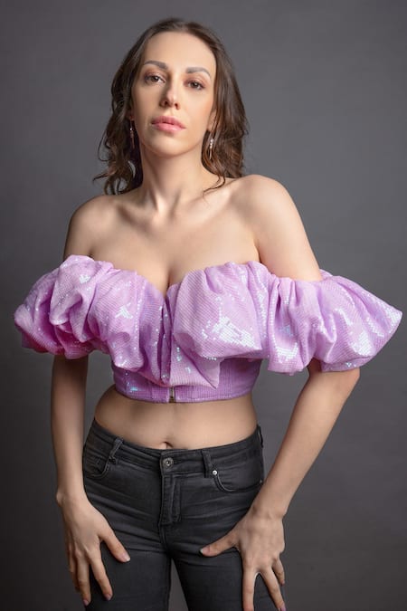 Buy Purple Fabric Embellished Off Shoulder Corset Crop Top For Women by  Emblaze Online at Aza Fashions.