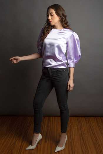 Emblaze_Purple Satin Round Puff Sleeve Top_Online_at_Aza_Fashions