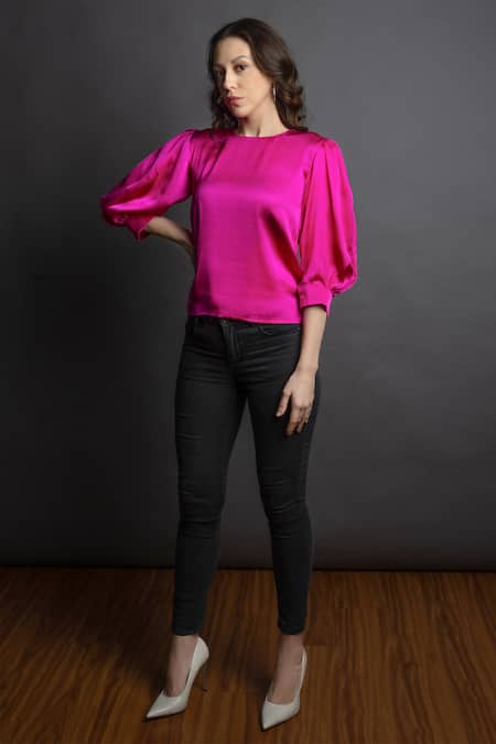 Neon pink puff sleeve top hot sale