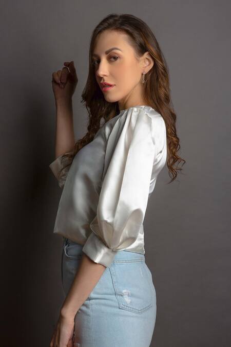 Shop_Emblaze_White Satin Round Puff Sleeve Top_Online_at_Aza_Fashions