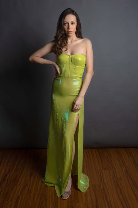 Emblaze Green Fabric Sweetheart Neck Embellished Gown 