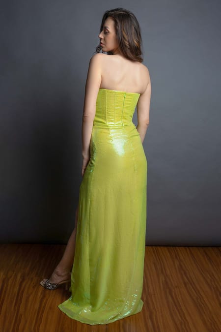 Shop_Emblaze_Green Fabric Sweetheart Neck Embellished Gown _at_Aza_Fashions