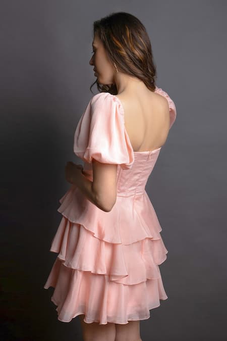 Shop Emblaze Peach Viscose Sweetheart Neck Tiered Flounce Dress at Aza Fashions Shop_Emblaze_Peach Viscose Sweetheart Neck Tiered Flounce Dress _at_Aza_Fashions