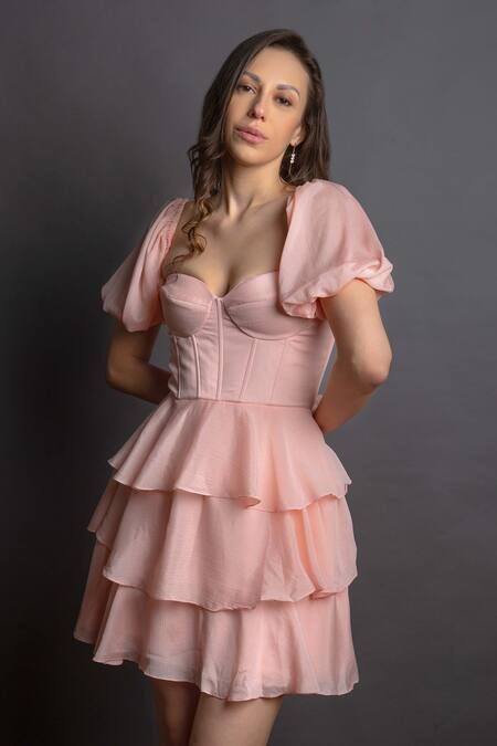 Buy Emblaze Peach Viscose Sweetheart Neck Tiered Flounce Dress Online at Aza Fashions Buy_Emblaze_Peach Viscose Sweetheart Neck Tiered Flounce Dress _Online_at_Aza_Fashions