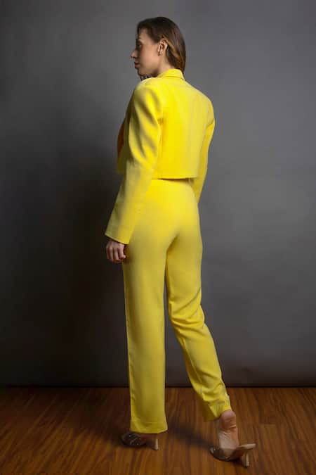 Shop Emblaze Yellow Viscose Sequins Notched Lapel Cropped Jacket And Pant Set at Aza Fashions Shop_Emblaze_Yellow Viscose Sequins Notched Lapel Cropped Jacket And Pant Set _at_Aza_Fashions