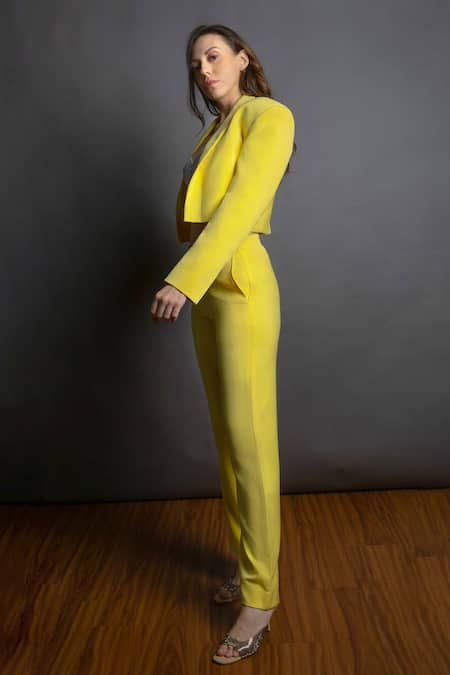 Emblaze Yellow Viscose Sequins Notched Lapel Cropped Jacket And Pant Set Online at Aza Fashions Emblaze_Yellow Viscose Sequins Notched Lapel Cropped Jacket And Pant Set _Online_at_Aza_Fashions