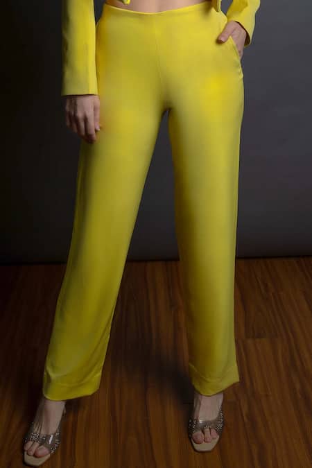 Buy Mayero Womens Solid Cotton Flex Trouser Yellow at Amazon.in