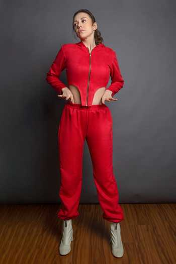 Emblaze_Red Suede V Neck Asymmetric Hoodie And Joggers Set_Online_at_Aza_Fashions