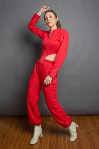 Shop_Emblaze_Red Suede V Neck Asymmetric Hoodie And Joggers Set_Online_at_Aza_Fashions