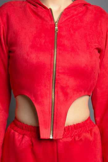 Emblaze_Red Suede V Neck Asymmetric Hoodie And Joggers Set_at_Aza_Fashions