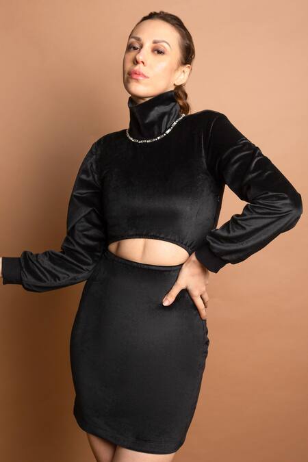Emblaze_Black Velvet Stone High Neck Dress_Online_at_Aza_Fashions