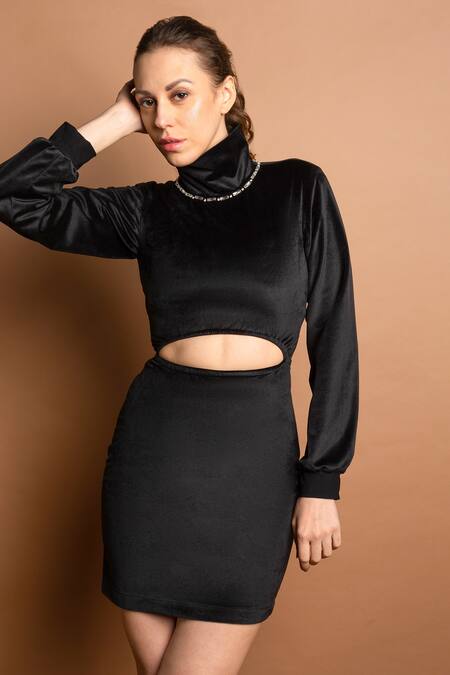 Shop_Emblaze_Black Velvet Stone High Neck Dress_Online_at_Aza_Fashions