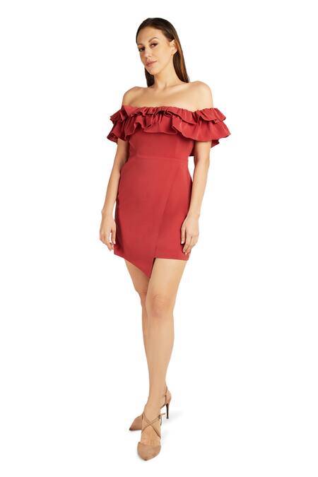 Emblaze_Maroon Viscose One Shoulder Off Dress_Online_at_Aza_Fashions