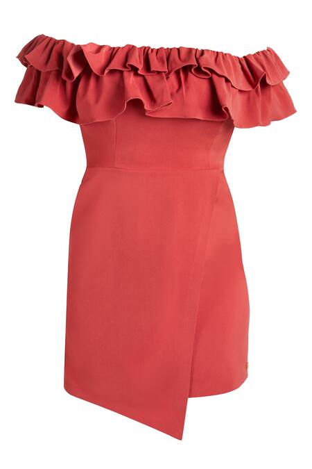 Shop_Emblaze_Maroon Viscose One Shoulder Off Dress_Online_at_Aza_Fashions