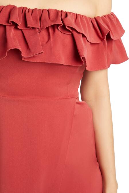 Emblaze_Maroon Viscose One Shoulder Off Dress_at_Aza_Fashions