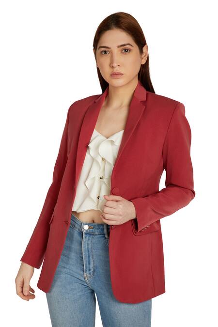 Emblaze_Maroon Viscose Collared Neck Single Breasted Blazer _Online_at_Aza_Fashions