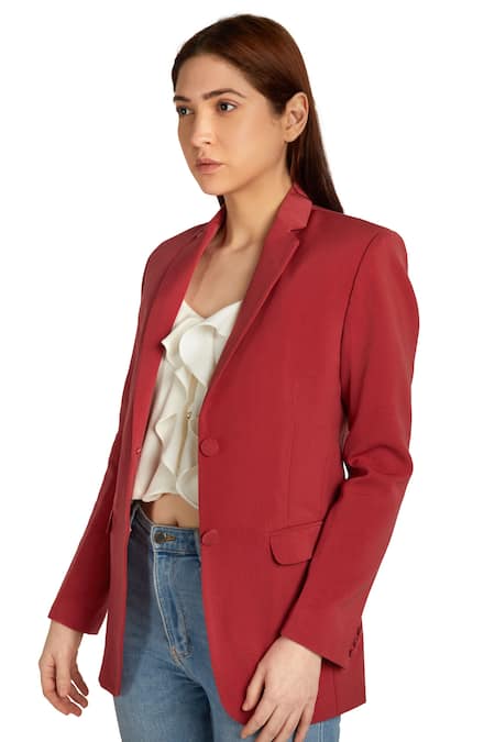 Buy_Emblaze_Maroon Viscose Collared Neck Single Breasted Blazer _Online_at_Aza_Fashions