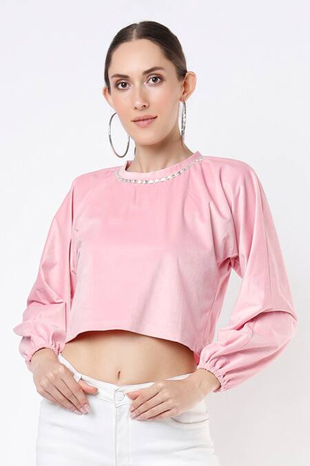 Emblaze_Pink Velvet Embellished Stone Round Neckline Crop Top_Online_at_Aza_Fashions