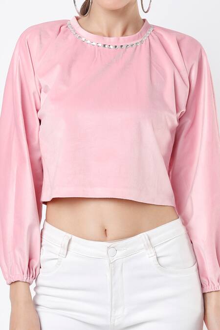 Buy_Emblaze_Pink Velvet Embellished Stone Round Neckline Crop Top_Online_at_Aza_Fashions