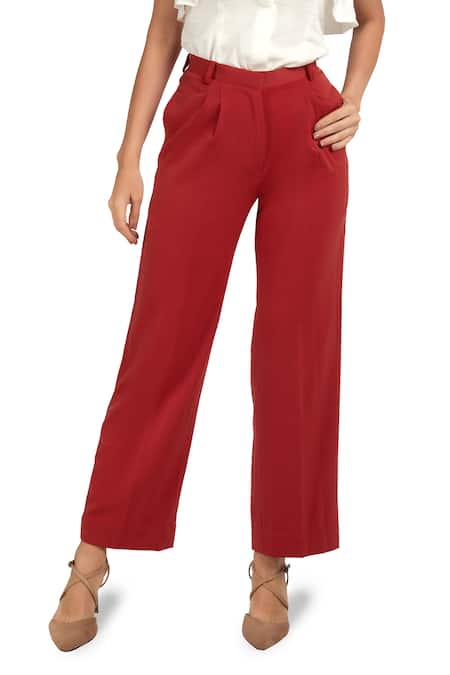 Buy Fineser Women Clothes Women Casual Pants, Womens Solid High Waist Pleated  Pants Wide Leg Elastic Trouser Ladies Ankle-Length Pants (Red, XL) at  Amazon.in