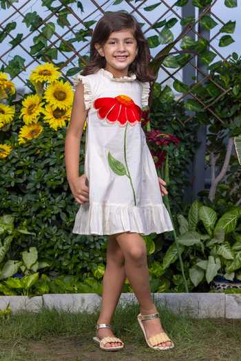 Littlecheer_Beige Cotton Embroidery Floral Dress _Online_at_Aza_Fashions