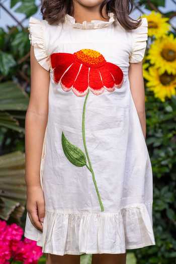 Buy_Littlecheer_Beige Cotton Embroidery Floral Dress _Online_at_Aza_Fashions