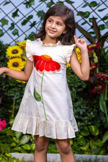Shop_Littlecheer_Beige Cotton Embroidery Floral Dress _Online_at_Aza_Fashions