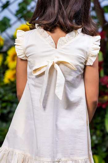 Littlecheer_Beige Cotton Embroidery Floral Dress _at_Aza_Fashions