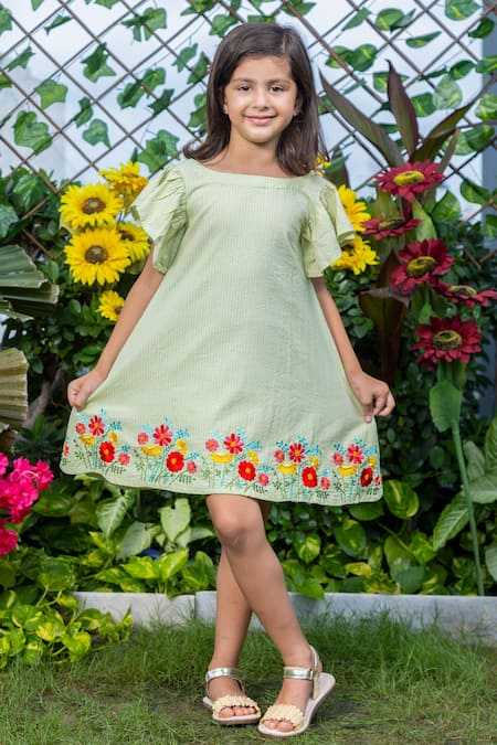 Littlecheer Green Cotton Embroidery Mini Garden Dress