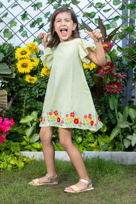 Littlecheer_Green Cotton Embroidery Mini Garden Dress _Online_at_Aza_Fashions