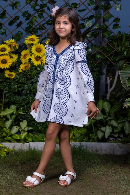 Littlecheer_White Cotton Cut Work Floral Embroidered Dress _Online_at_Aza_Fashions
