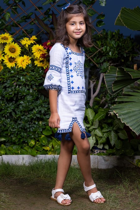 Littlecheer_White Cotton Tassels Floral Embroidered Dress _Online_at_Aza_Fashions