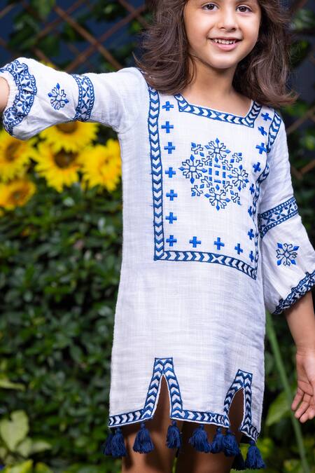 Buy_Littlecheer_White Cotton Tassels Floral Embroidered Dress _Online_at_Aza_Fashions