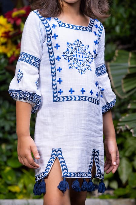 Shop_Littlecheer_White Cotton Tassels Floral Embroidered Dress _Online_at_Aza_Fashions